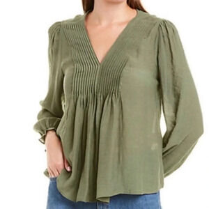 Nanette Lepore Women’s Green Smocked Pleated Long Sleeve Boho Blouse Small EUC‎